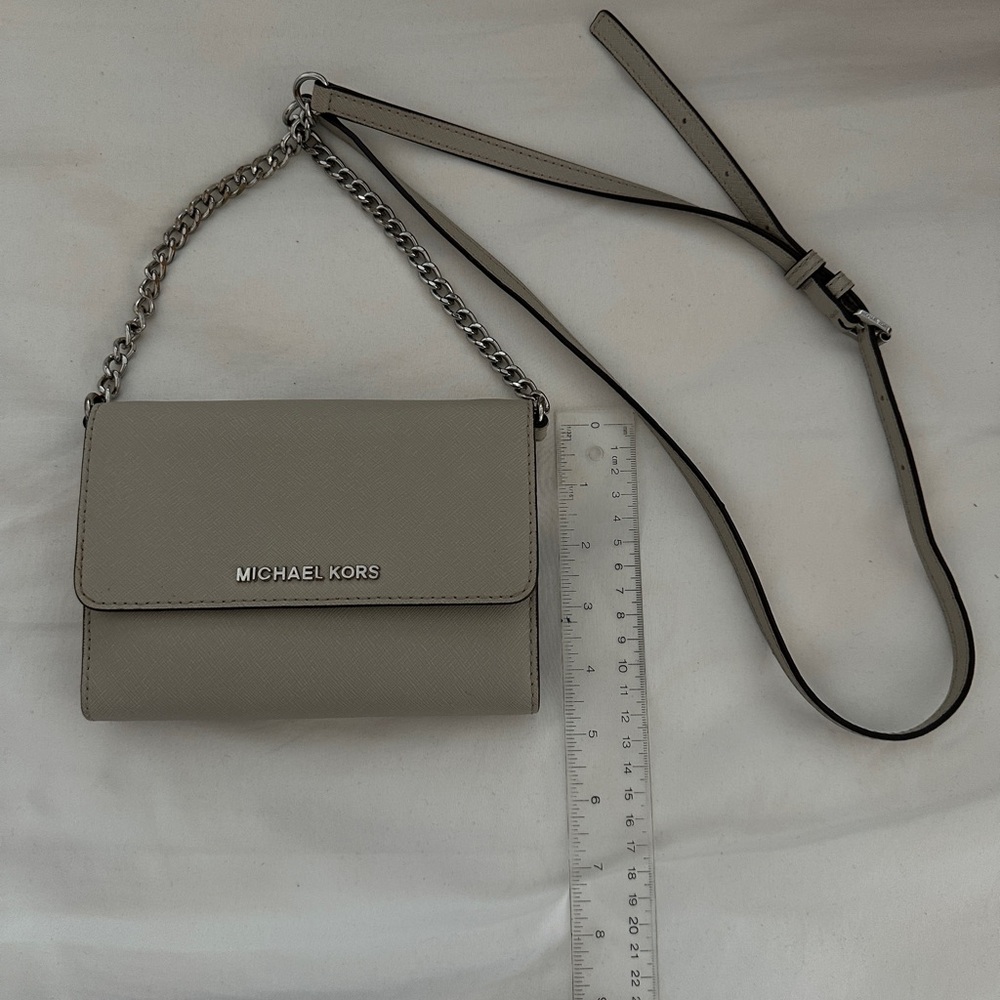 Michael Kors grey Saffiano leather crossbody wallet on chain bag